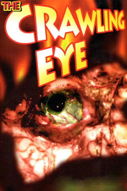 Um olho monstruoso e grotesco, com pupila escura e veias avermelhadas expostas, em fundo de chamas laranjas. Clima de terror e ficção.
