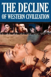 Pôster:Cantores punk em tira de filme. Abaixo,vocalista com pintura facial e correntes canta em microfone,olhos fechados.