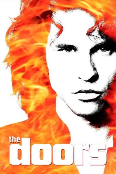 Pôster estilizado: Rosto de um homem em P&B com contornos marcados. Cabelo e ombros em chamas vibrantes de laranja e vermelho. Fundo branco.