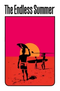 Pôster estilizado com silhuetas de surfistas na praia ao pôr do sol laranja-avermelhado e céu pink.