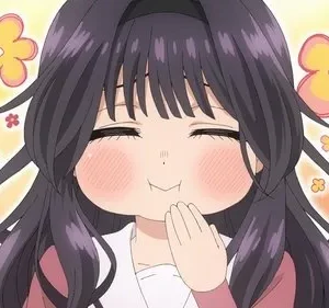 Jovem de anime sorri com bochechas rosadas e olhos fechados, mão no queixo, feliz. Fundo claro com flores coloridas.