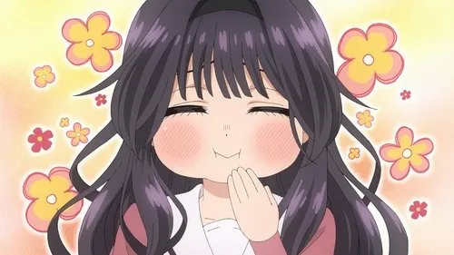 Jovem de anime sorri com bochechas rosadas e olhos fechados, mão no queixo, feliz. Fundo claro com flores coloridas.