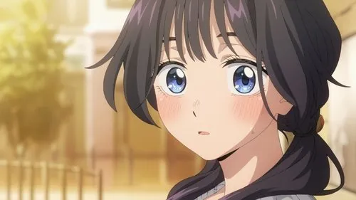 Anime girl de cabelo escuro em pigtails, olhos azuis e bochechas coradas. Expressão tímida/surpresa em fundo urbano quente.