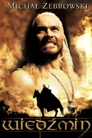 Pôster épico: Um guerreiro de cabelo branco e cicatrizes ruge. Abaixo, um cavaleiro sombrio cavalga. Céu de fogo e raios. Clima de fantasia e ação.