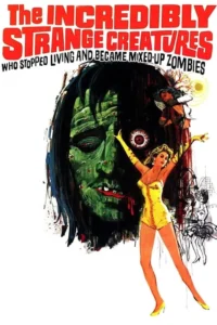 Pôster de terror: Zumbi verde e horripilante com boca sangrando domina a imagem. Mulher loira em collant amarelo, braços erguidos, ao lado. Cenário de parque noturno.