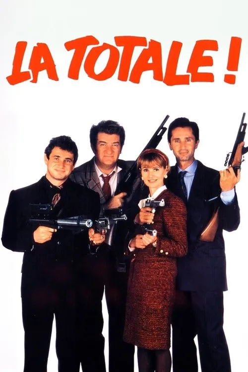 Pôster: Quatro pessoas (3 homens, 1 mulher) sorriem e apontam diversas armas de fogo. Vestem trajes formais em fundo branco. Clima de ação cômica.