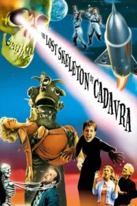 Crânio gigante com laser, foguete, planetas. Monstro alienígena, esqueleto e criatura com presas aterrorizam humanos. Clima B-movie.