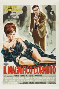 Mulher em vestido sensual reclina,homem em terno gesticula irritado,silhuetas de homens ao fundo. Tom dramático.