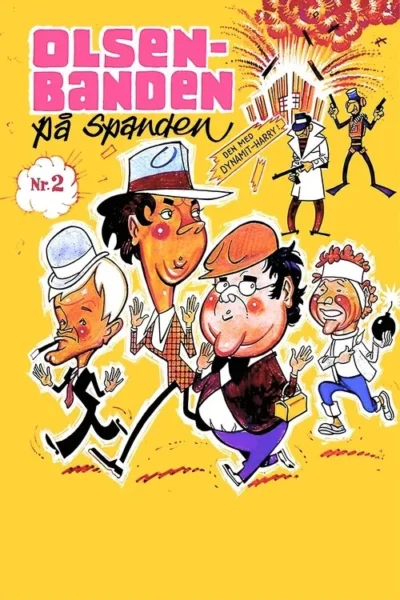 Pôster de desenho animado: quatro homens caricatos correm apavorados, um com bomba. No fundo, dois atiradores e um prédio explode. Ação e humor.