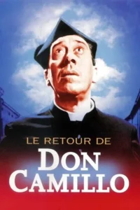 Pôster:Um padre com barrete preto olha para cima,para um céu azul dramático. Seu rosto brilha em tons quentes. Fundo de cidade.