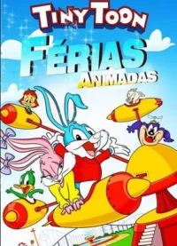 Vários personagens de desenho,incluindo coelhos,em foguetes coloridos num parque de diversões. Atmosfera alegre de férias.