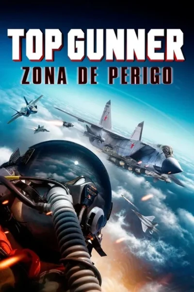 Piloto de caça com capacete olha para jatos em dogfight intenso. Céu azul, nuvens, mísseis e explosões de ação aérea.