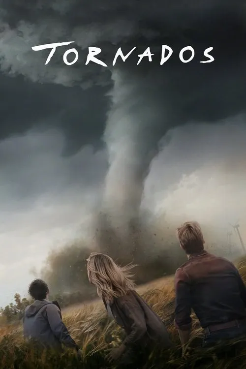 Tornados 1 Três pessoas em um campo de trigo olham para um enorme tornado sob um céu escuro e ameaçador. Clima de perigo iminente.
