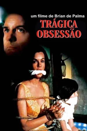 Rosto de homem aflito. Abaixo, mulher e criança amarradas e amordaçadas. Cenário escuro e tenso de suspense.