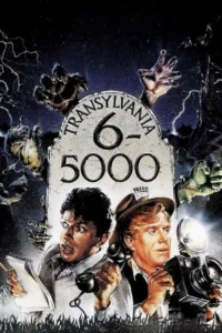 Pôster de terror cômico:Dois repórteres assustados,um com telefone,outro com câmera. Mãos de monstros e castelo sombrio sob céu estrelado com raios.