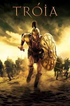 Guerreiro com armadura dourada e capacete corre empunhando escudo à frente de um exército. Cenário de batalha épica, tons dourados.