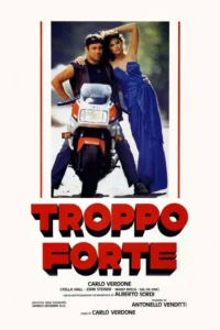 Pôster:homem de jaqueta e bandana com mulher glamourosa de vestido azul,em pose confiante ao lado de uma moto. Estilo anos 80.