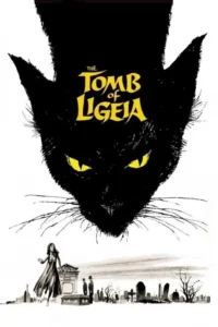 Cabeça de gato preto com olhos amarelos brilhantes paira sobre mulher em fuga num cemitério sombrio. Homens junto a um caixão.