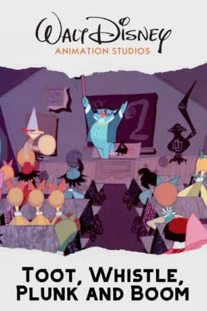 Um professor coruja azul com óculos e gravata borboleta ensina música para alunos animais em uma sala de aula animada e colorida.