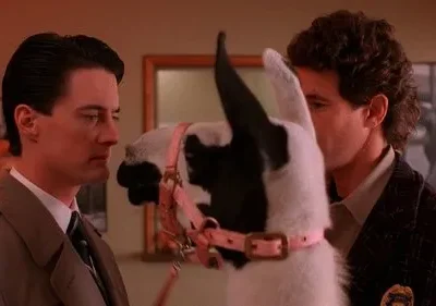 Dois homens e uma lhama com arreio rosa em um ambiente com luz avermelhada. O clima é surreal e peculiar.