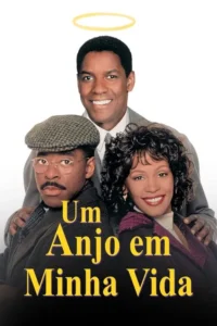 Pôster:homem com auréola sorri acima de homem de boné e mulher sorrindo. Fundo branco. Atmosfera leve e positiva.