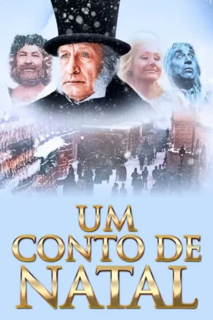 Homem sério de cartola, com figuras fantasmagóricas, sobre rua nevada e agitada. Clima natalino e invernal.