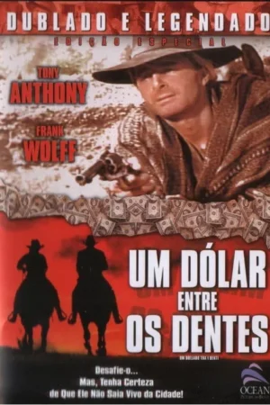 Cowboy de chapéu e poncho, revólver em punho, no deserto. Notas de dólar. Dois cowboys a cavalo em silhueta contra céu vermelho. Clima faroeste.