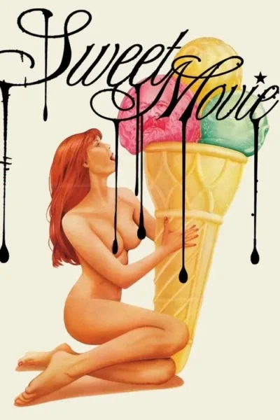 Mulher ruiva nua ajoelhada lambe um sorvete gigante de três bolas. Uma bola exibe um rosto. Gotas pretas escorrem, criando um clima surreal.