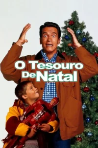 Homem chocado,mãos para cima,ao lado de um menino com boneco vermelho. Fundo com árvore de Natal decorada,sugerindo comédia festiva.