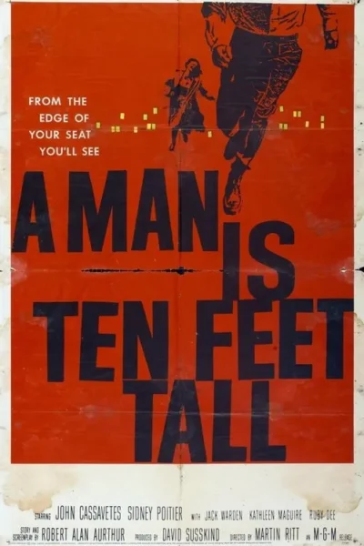 Pôster vermelho: um homem grande correndo e uma mulher menor em silhueta contra pontos luminosos. Atmosfera dinâmica e tensa.