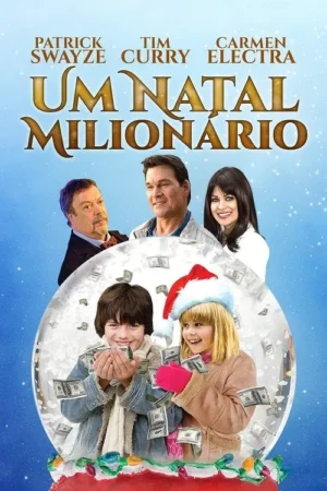 Pôster natalino: adultos sorridentes, com crianças felizes em globo de neve cheio de dinheiro flutuante. Fundo azul cintilante.