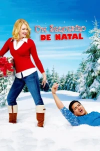 Mulher loira sorri, segurando presente e algemas. Um homem, algemado, está semienterrado na neve. Cena festiva de inverno.