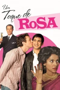 Pôster com homem de terno e champanhe,dois homens se beijando na bochecha,e mulher indiana mostrando um anel. Fundo rosa.