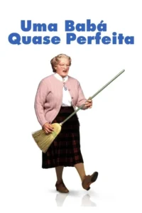Uma senhora de óculos e peruca,com suéter rosa e saia xadrez,sorri e toca uma vassoura como guitarra. Um pé levantado. Fundo branco.