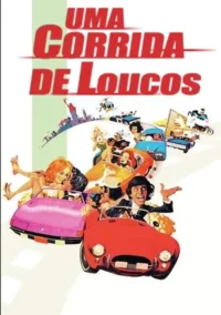 Pôster colorido com figuras animadas correndo em carros, motos e helicóptero, em uma cidade estilizada. Clima cômico e caótico de aventura.