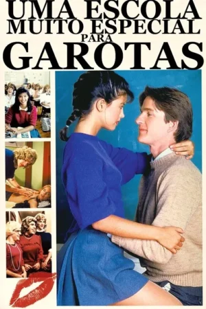 Jovem casal se abraça, olhando-se. Painéis: mulheres em aula, massagem e beijo de batom. Clima jovem e romântico.