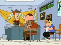 Cartoon: Wide-eyed scout leader behind a desk faces a large man. A blonde boy in a cap sits nearby, writing diligently. Youth Scouts banner.