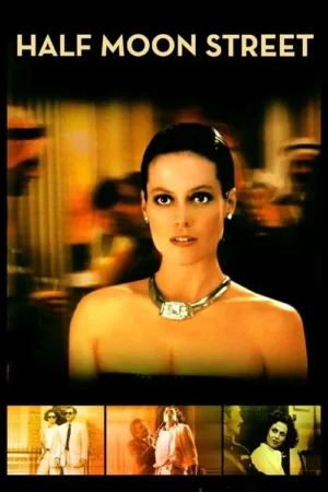 Mulher sofisticada com colar grande olha fixo. Fundo de luzes quentes e desfocadas. Três cenas de outros personagens abaixo.