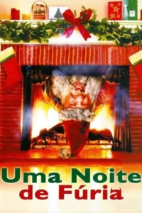 Pôster de Natal sombrio. Um Papai Noel furioso está preso de cabeça para baixo em uma lareira em chamas,com decorações festivas ao redor.