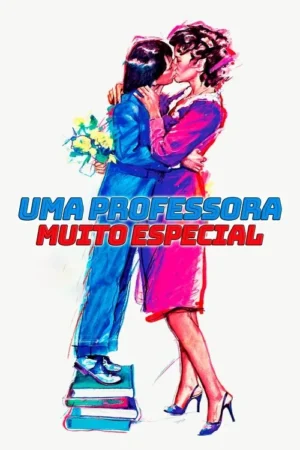 Ilustração colorida de casal se beijando. Homem, em terno azul e segurando flores, sobe em livros para beijar a mulher de rosa e saltos.