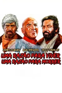 Pôster com três homens de aparência rústica:um com barba grisalha,um careca sorrindo em uniforme militar e um barbudo. Fundo branco.