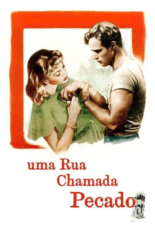 Uma Rua Chamada Pecado 1 Mulher loira de verde segura o braço de um homem em camiseta,ambos com olhares dramáticos. Fundo branco e moldura vermelha incompleta.