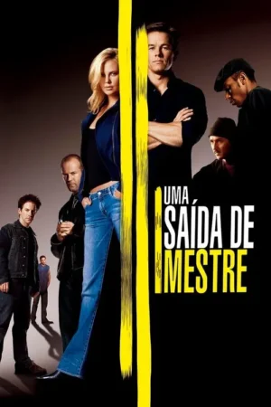 Pôster escuro com grupo de personagens. Uma mulher em jeans e um homem sério em primeiro plano. Uma linha amarela os divide, outros homens ao fundo.