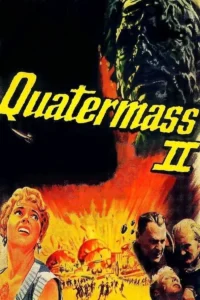 Pôster vintage de ficção científica/horror:Monstro verde no alto,mulher aterrorizada,multidão correndo em meio a explosões.