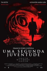 Pôster vermelho e preto com silhueta de homem de sobretudo em rua chuvosa,com uma rosa vermelha gigante ao fundo. Atmosfera sombria.
