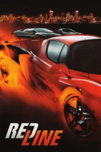 Pôster de carros de corrida:um carro vermelho com rastro de fogo,seguido por outros carros,sobre uma cidade noturna.