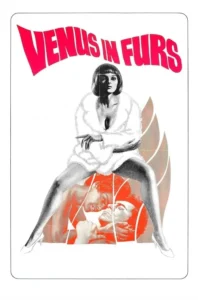 Venus in Furs 4 Mulher dominante de casaco de pele branco sentada com pernas abertas sobre dois homens abraçados em tons de vermelho. Atmosfera intensa e erótica.