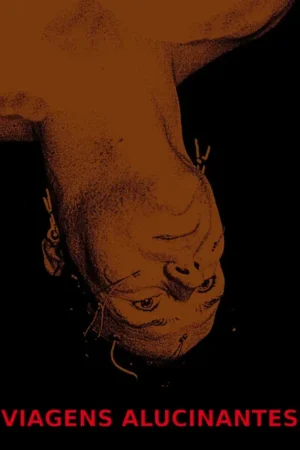 Pôster: figura marrom-avermelhada invertida, com linhas de pontos, de um homem em fundo preto. Olhar fixo, fios no rosto. Clima surreal.