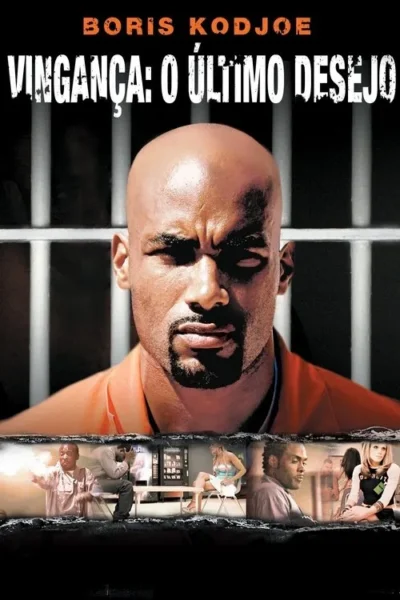 Pôster sombrio: Homem careca e irritado em uniforme laranja atrás de grades. Abaixo, miniaturas de cenas de ação e pessoas.