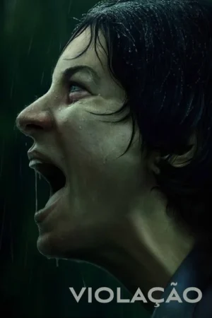 Pôster: Close-up de mulher com rosto molhado pela chuva, gritando desesperadamente. Fundo escuro. Clima de terror.